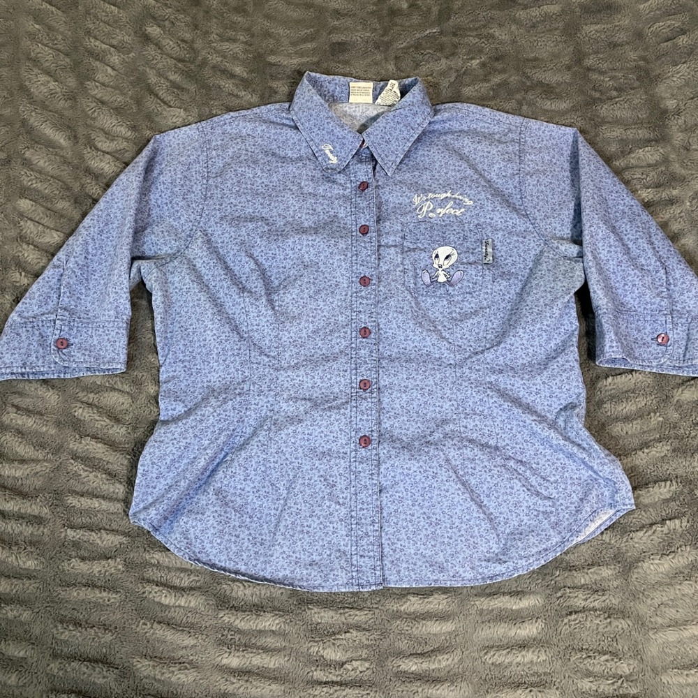 Looney Tunes Bugs Bunny All Over Print Button Down Shirt Blue Cotton XL